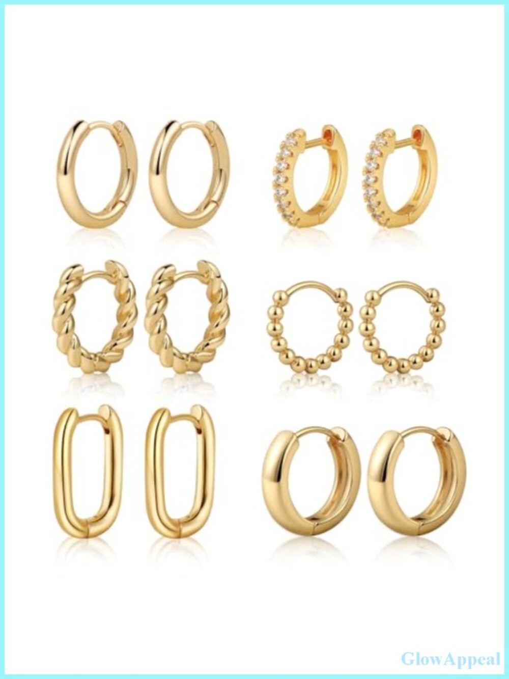 14K Gold Plated Huggie Hoop Earrings Set 6 Pair Hypoallergenic Lightweight